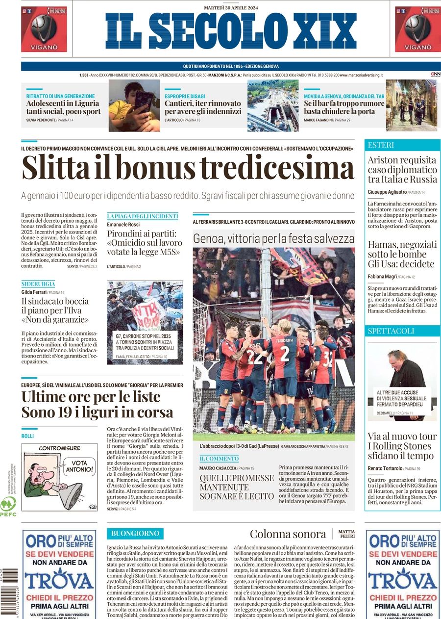 Prima-pagina-secolo-xix-editoriale-oggi-edizione-di-oggi-30-04-2024