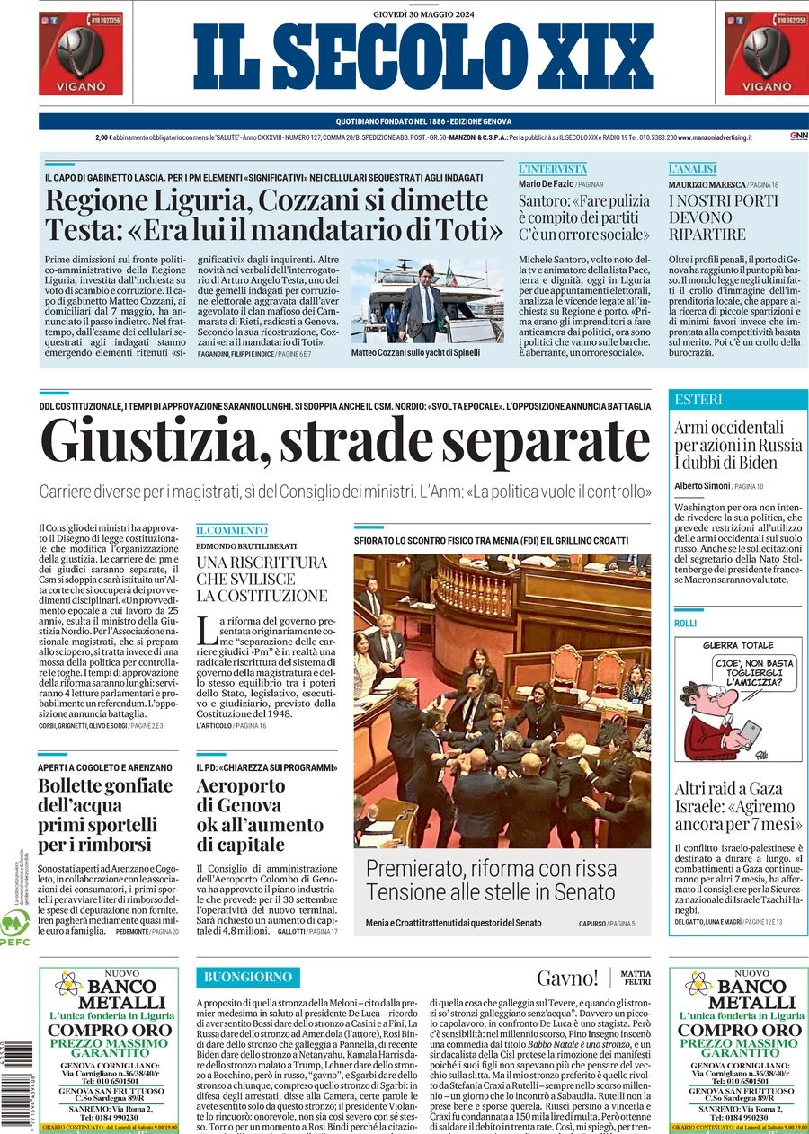 Prima-pagina-secolo-xix-editoriale-oggi-edizione-di-oggi-30-05-2024