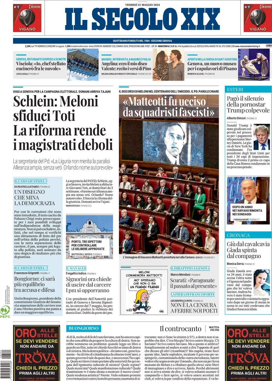 Prima-pagina-secolo-xix-editoriale-oggi-edizione-di-oggi-31-05-2024