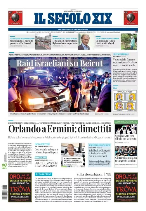 Prima-pagina-secolo-xix-editoriale-oggi-edizione-di-oggi-31-07-2024