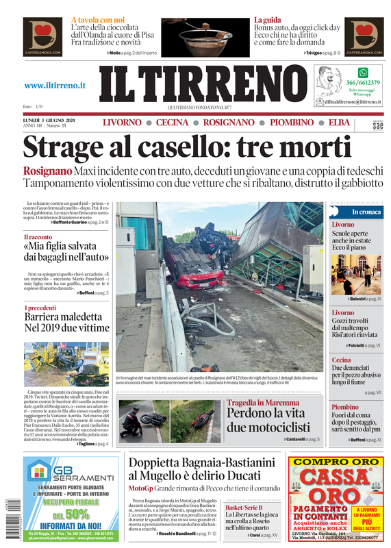 Prima-pagina-tirreno-edizione-di-oggi-03-06-2024