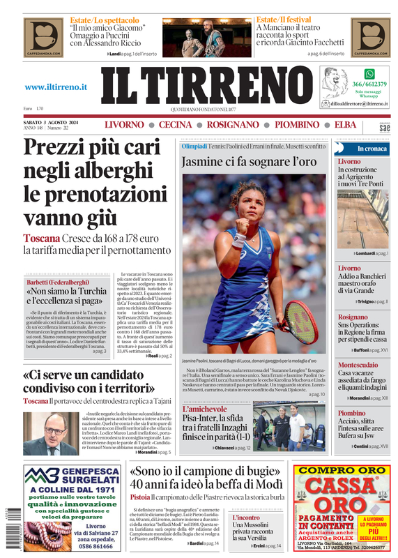 Prima-pagina-tirreno-edizione-di-oggi-03-08-2024