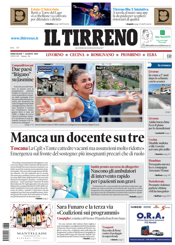 Prima-pagina-tirreno-edizione-di-oggi-07-08-2024