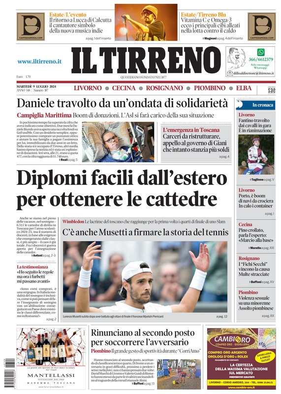 Prima-pagina-tirreno-edizione-di-oggi-09-07-2024