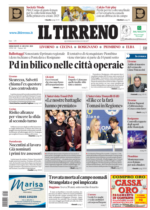 Prima-pagina-tirreno-edizione-di-oggi-12-06-2024