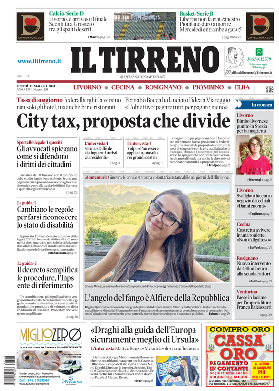 Prima-pagina-tirreno-edizione-di-oggi-13-05-2024