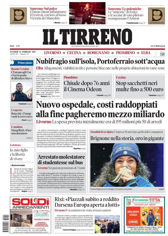 Prima-pagina-tirreno-edizione-di-oggi-14-02-2025