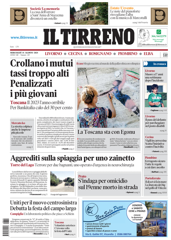 Prima-pagina-tirreno-edizione-di-oggi-14-08-2024