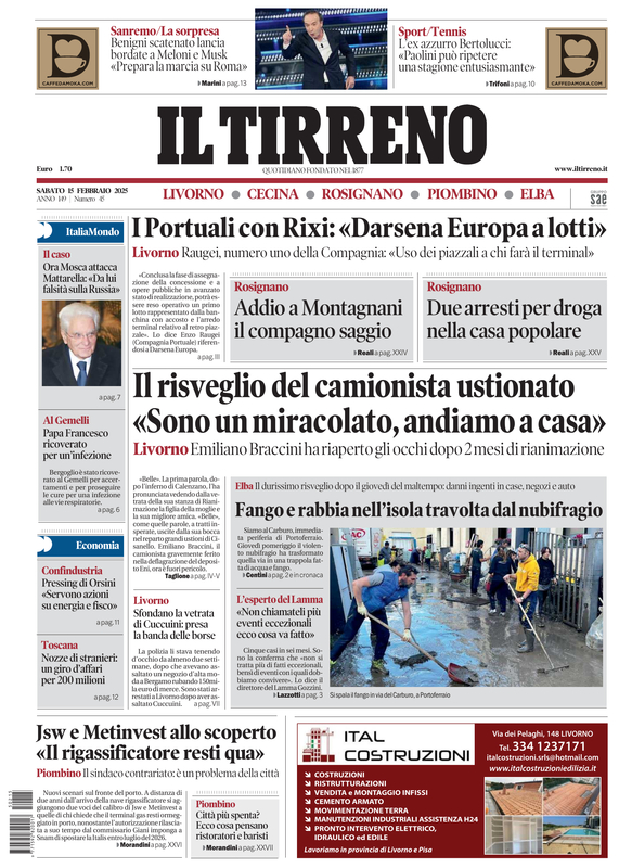 Prima-pagina-tirreno-edizione-di-oggi-15-02-2025