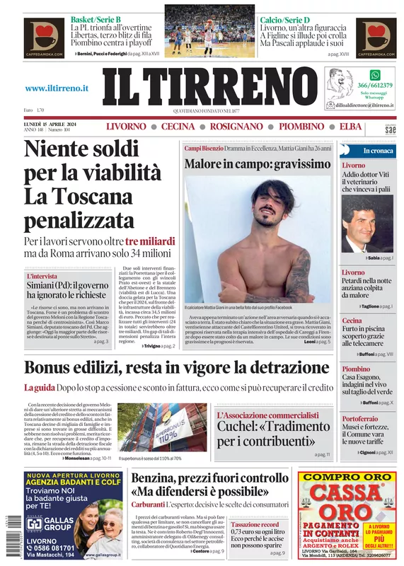 Prima-pagina-tirreno-edizione-di-oggi-15-04-2024