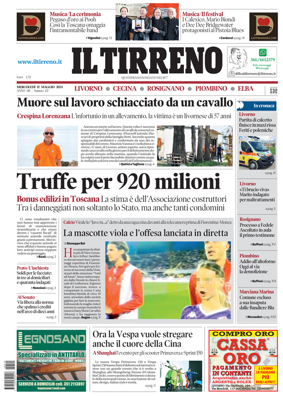 Prima-pagina-tirreno-edizione-di-oggi-15-05-2024