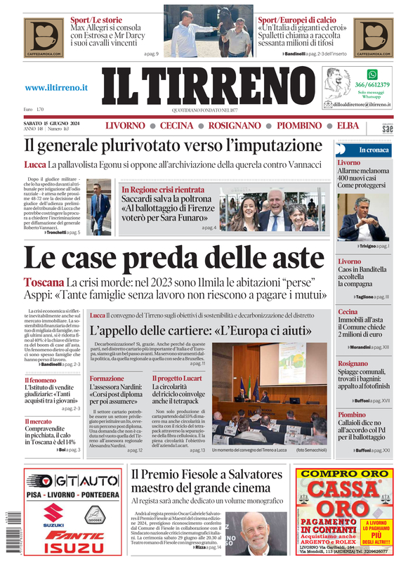 Prima-pagina-tirreno-edizione-di-oggi-15-06-2024