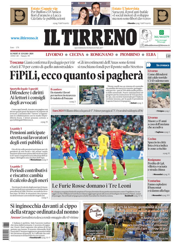 Prima-pagina-tirreno-edizione-di-oggi-15-07-2024