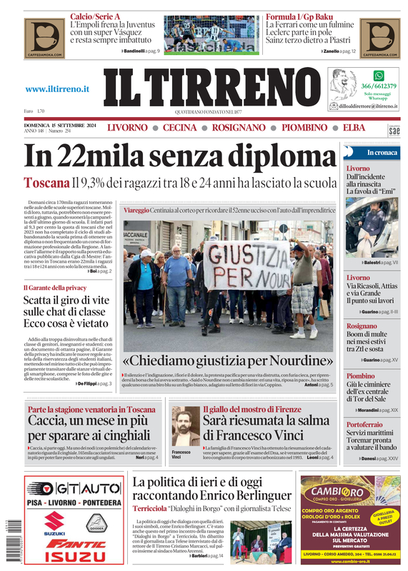 Prima-pagina-tirreno-edizione-di-oggi-15-09-2024