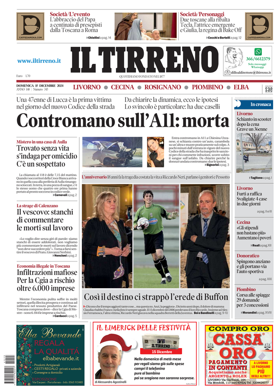 Prima-pagina-tirreno-edizione-di-oggi-15-12-2024