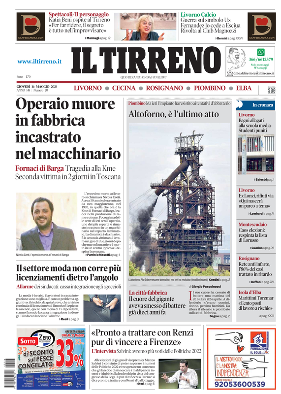 Prima-pagina-tirreno-edizione-di-oggi-16-05-2024