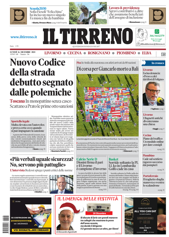 Prima-pagina-tirreno-edizione-di-oggi-16-12-2024