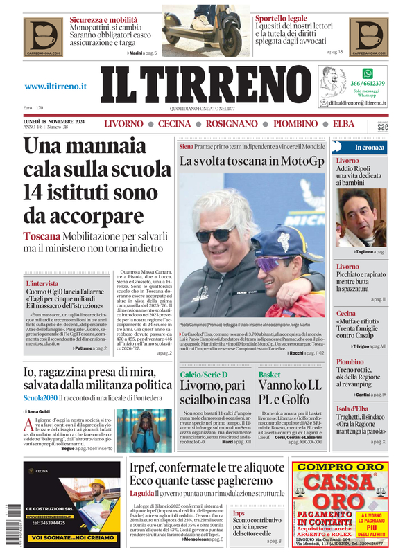 Prima-pagina-tirreno-edizione-di-oggi-18-11-2024