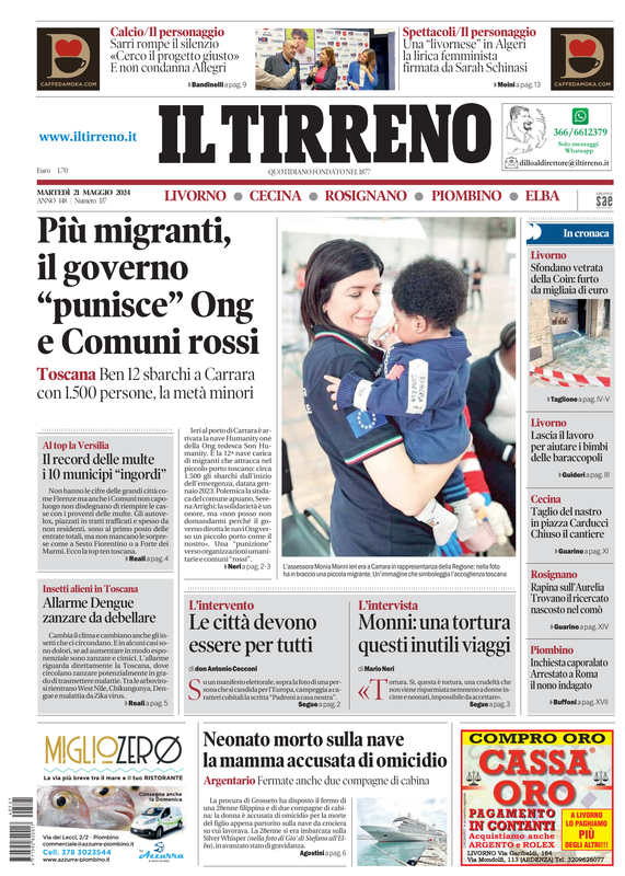 Prima-pagina-tirreno-edizione-di-oggi-21-05-2024