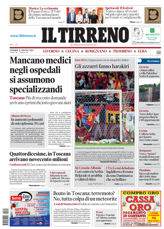 Prima-pagina-tirreno-edizione-di-oggi-21-06-2024