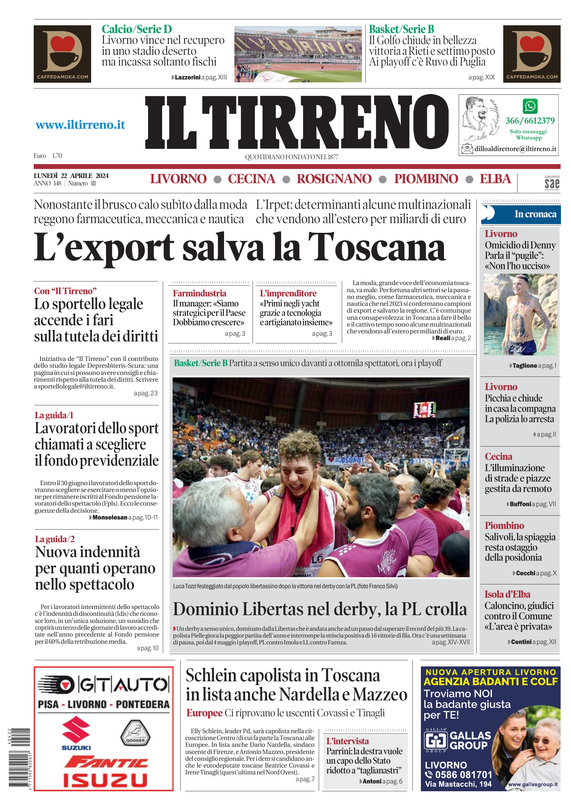 Prima-pagina-tirreno-edizione-di-oggi-22-04-2024