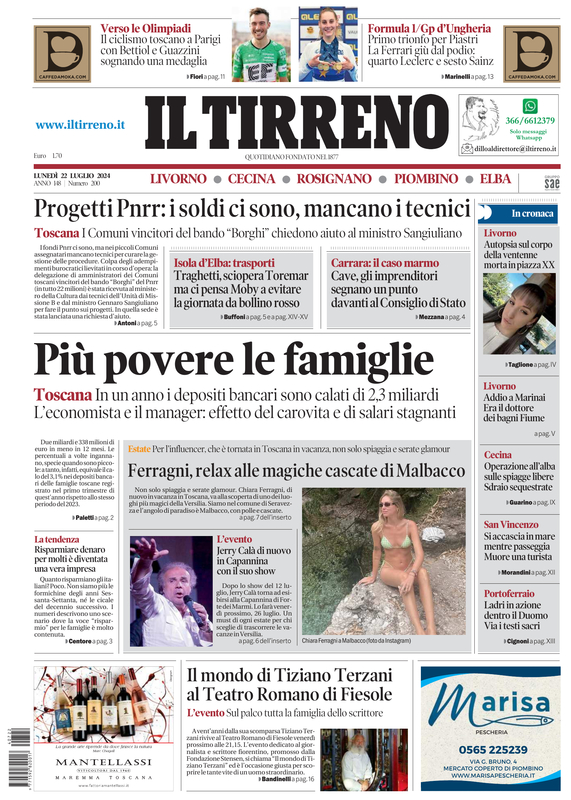 Prima-pagina-tirreno-edizione-di-oggi-22-07-2024