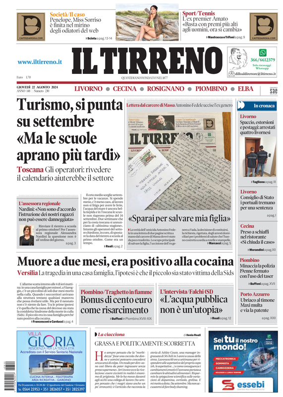 Prima-pagina-tirreno-edizione-di-oggi-22-08-2024