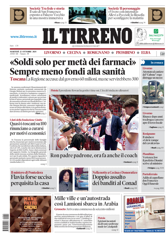 Prima-pagina-tirreno-edizione-di-oggi-22-10-2024