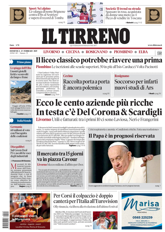 Prima-pagina-tirreno-edizione-di-oggi-23-02-2025