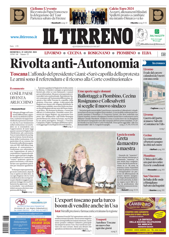 Prima-pagina-tirreno-edizione-di-oggi-23-06-2024