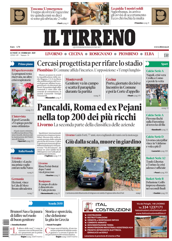 Prima-pagina-tirreno-edizione-di-oggi-24-02-2025