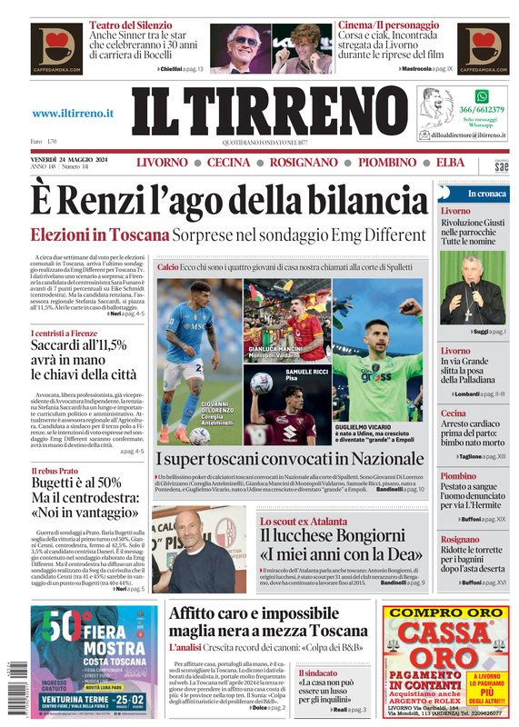 Prima-pagina-tirreno-edizione-di-oggi-24-05-2024