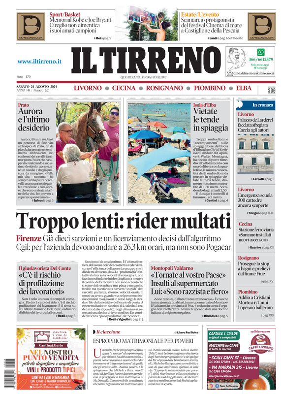 Prima-pagina-tirreno-edizione-di-oggi-24-08-2024