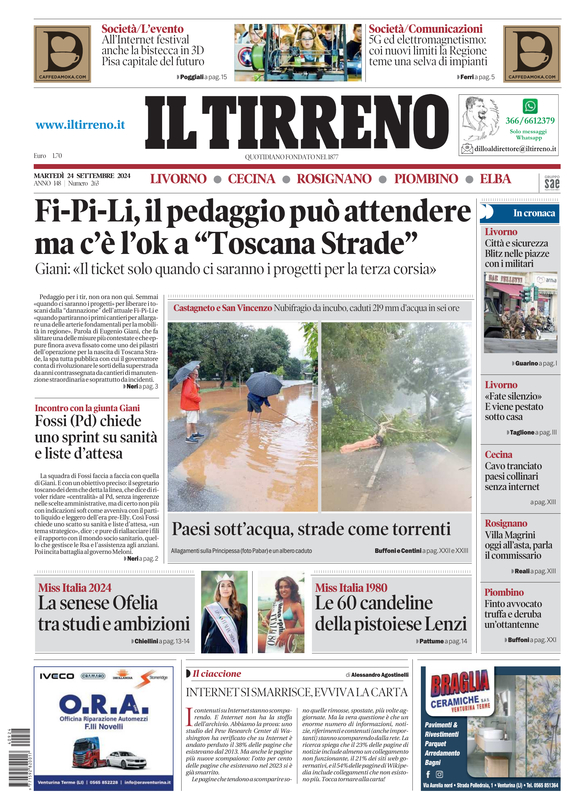 Prima-pagina-tirreno-edizione-di-oggi-24-09-2024