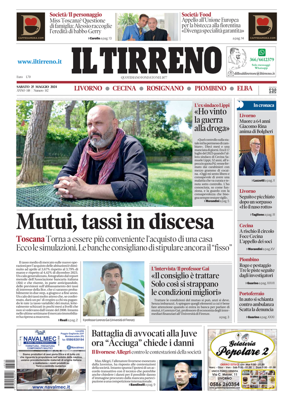 Prima-pagina-tirreno-edizione-di-oggi-25-05-2024