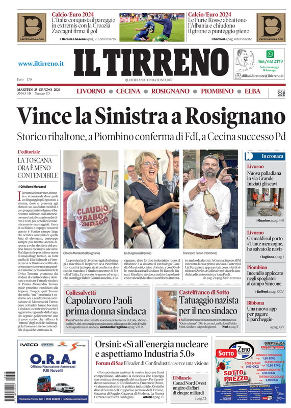 Prima-pagina-tirreno-edizione-di-oggi-25-06-2024