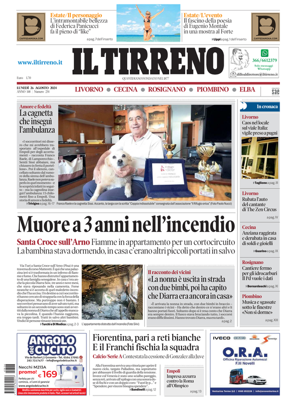 Prima-pagina-tirreno-edizione-di-oggi-26-08-2024