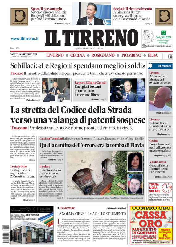 Prima-pagina-tirreno-edizione-di-oggi-26-10-2024