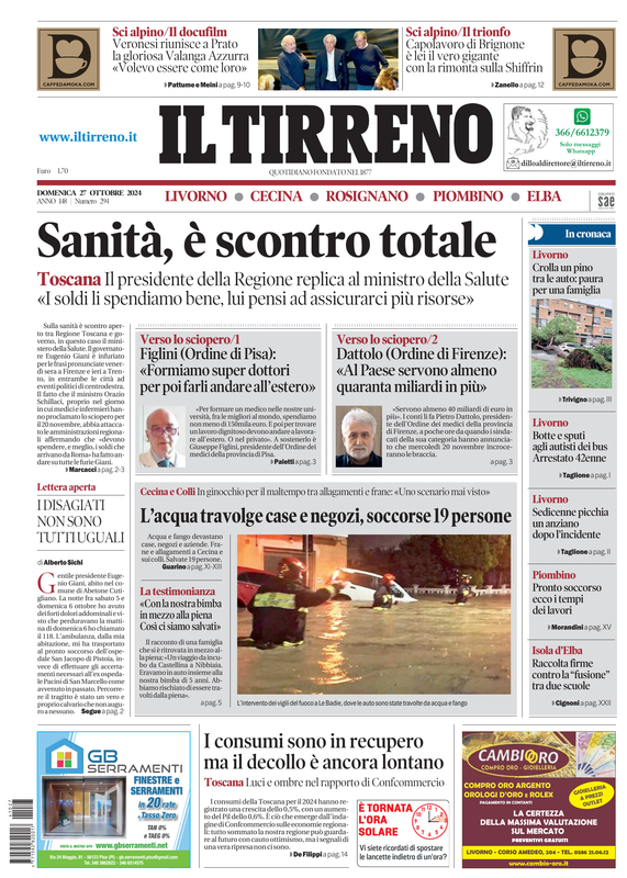 Prima-pagina-tirreno-edizione-di-oggi-27-10-2024