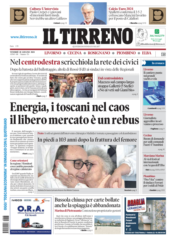 Prima-pagina-tirreno-edizione-di-oggi-28-06-2024