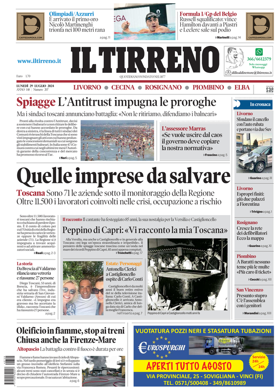 Prima-pagina-tirreno-edizione-di-oggi-29-07-2024