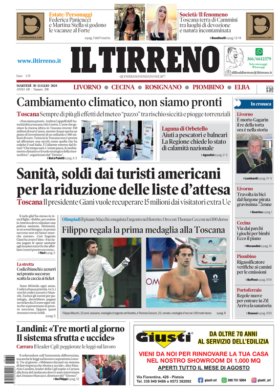 Prima-pagina-tirreno-edizione-di-oggi-30-07-2024