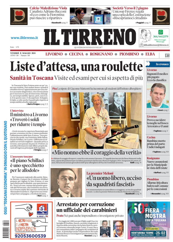 Prima-pagina-tirreno-edizione-di-oggi-31-05-2024