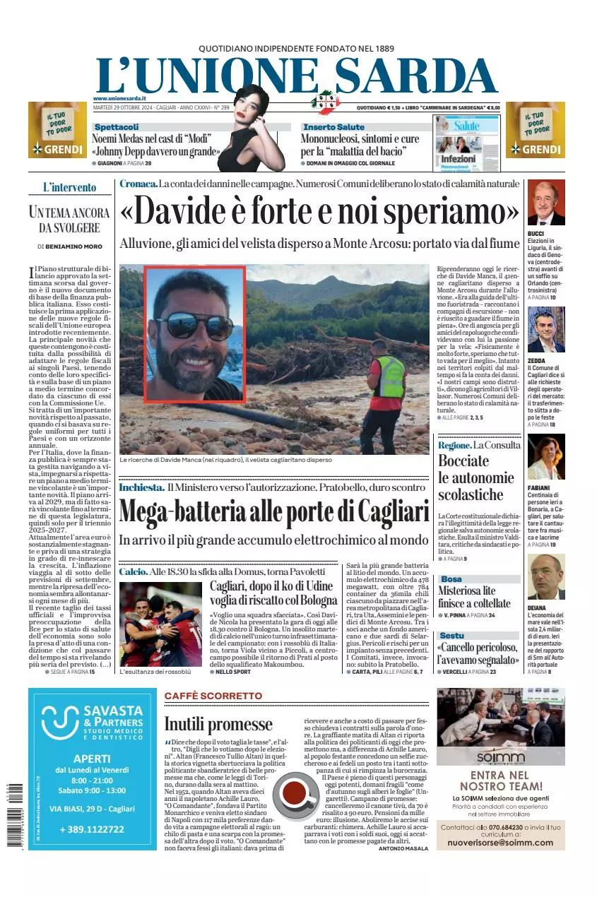 Prima-pagina-unione_sarda-edizione-di-oggi-29-10-2024