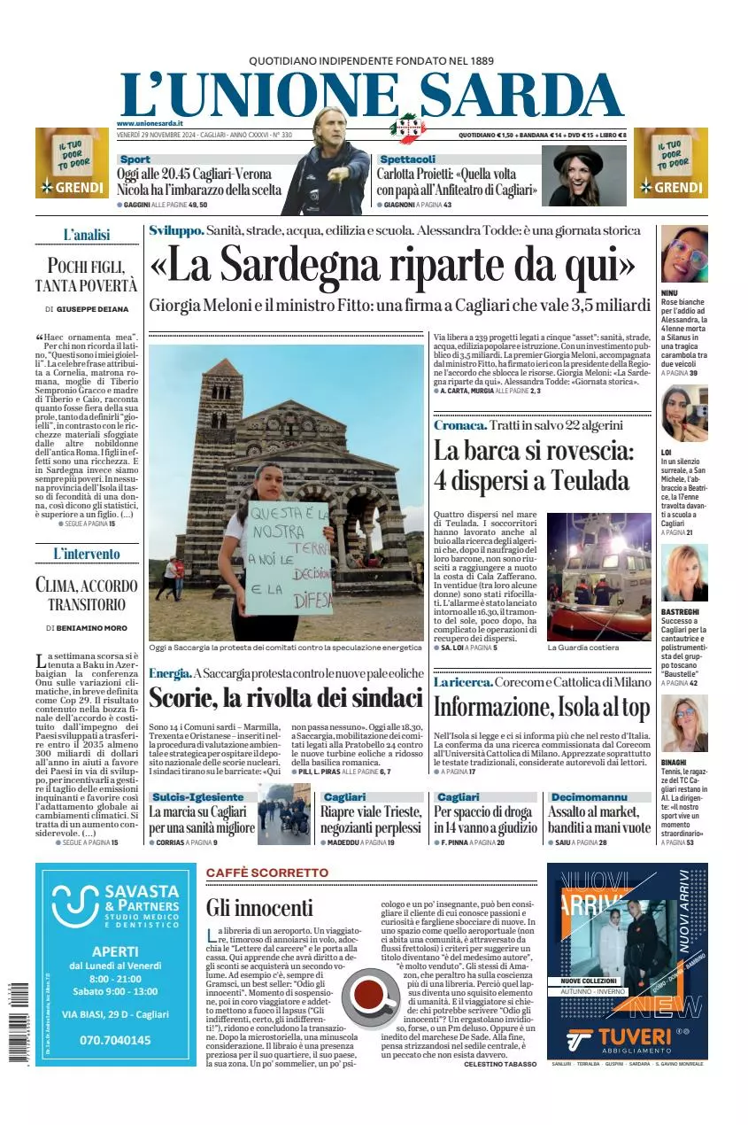 Prima-pagina-unione_sarda-edizione-di-oggi-29-11-2024