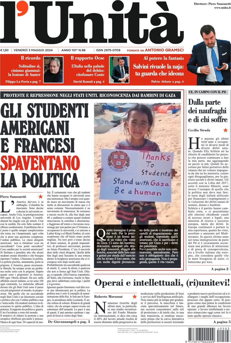 Prima-pagina-l-unita-editoriale-oggi-edizione-di-oggi-03-05-2024