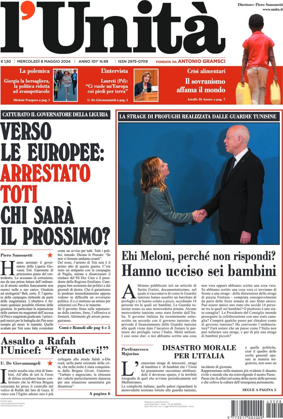 Prima-pagina-l-unita-editoriale-oggi-edizione-di-oggi-08-05-2024