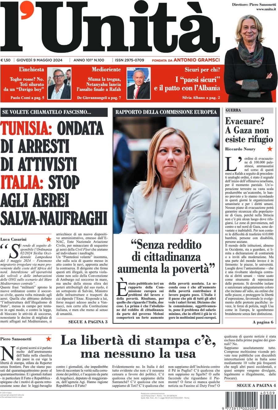 Prima-pagina-l-unita-editoriale-oggi-edizione-di-oggi-09-05-2024