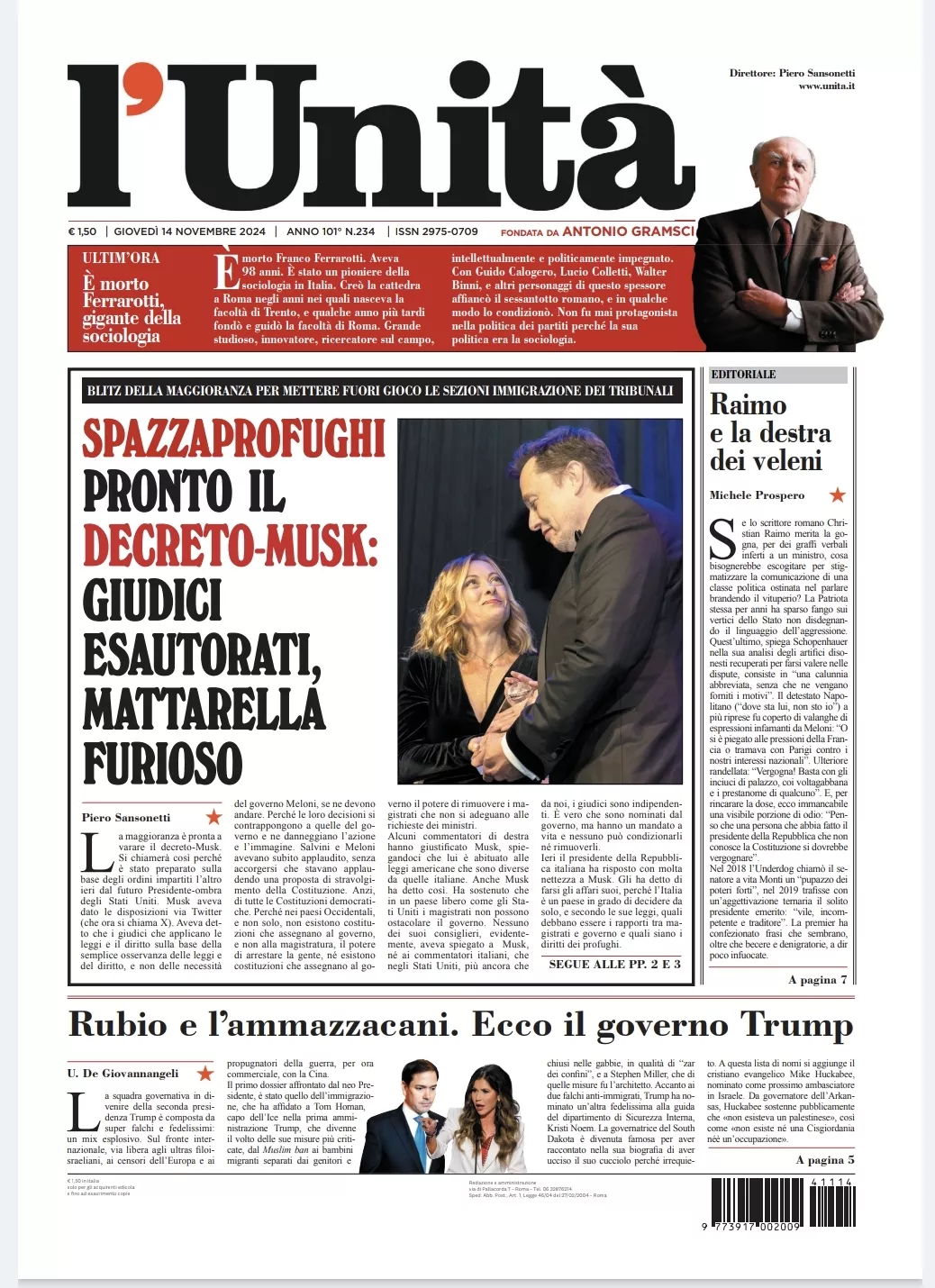 Prima-pagina-unita-oggi-edizione-di-oggi-14-11-2024