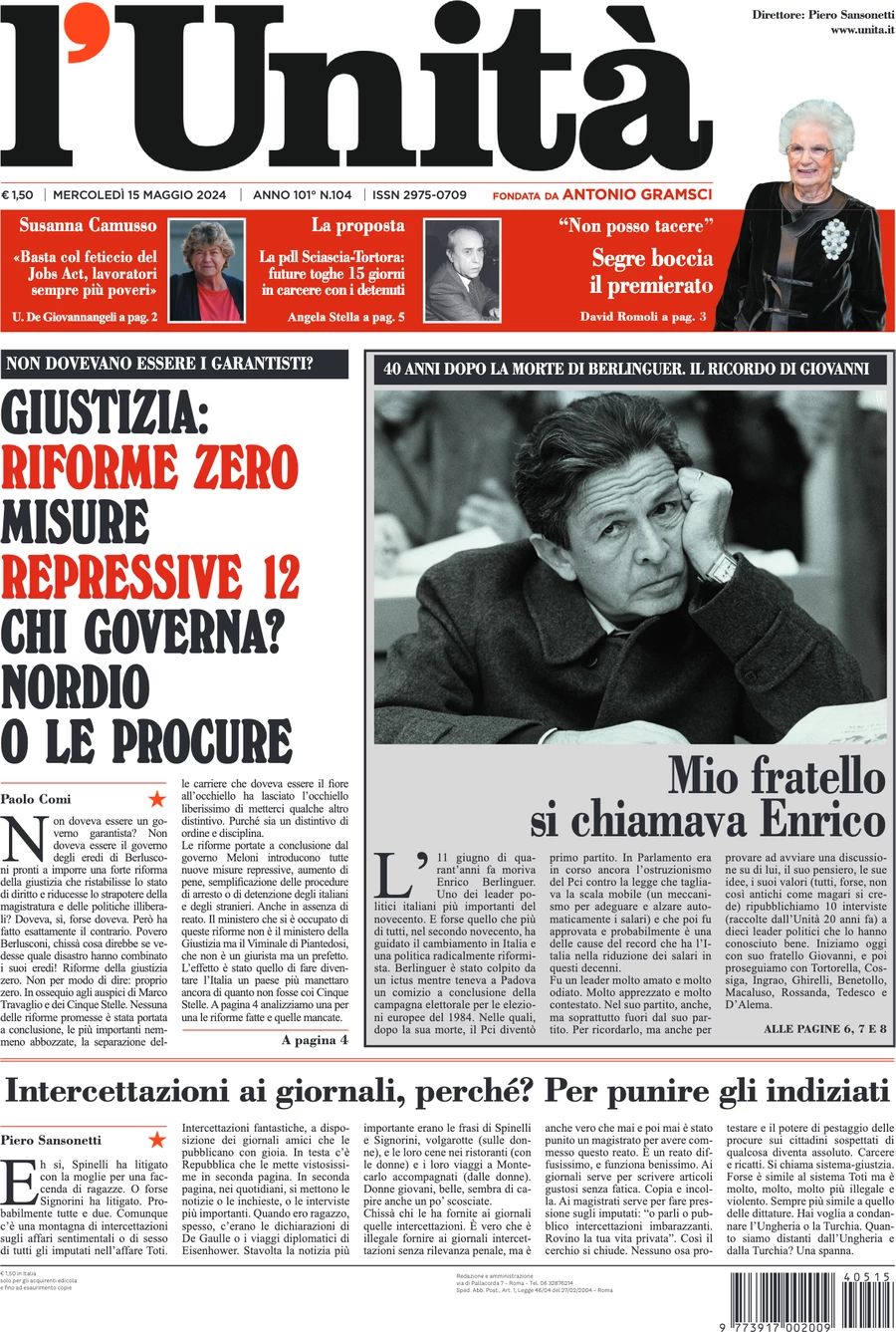 Prima-pagina-l-unita-editoriale-oggi-edizione-di-oggi-15-05-2024